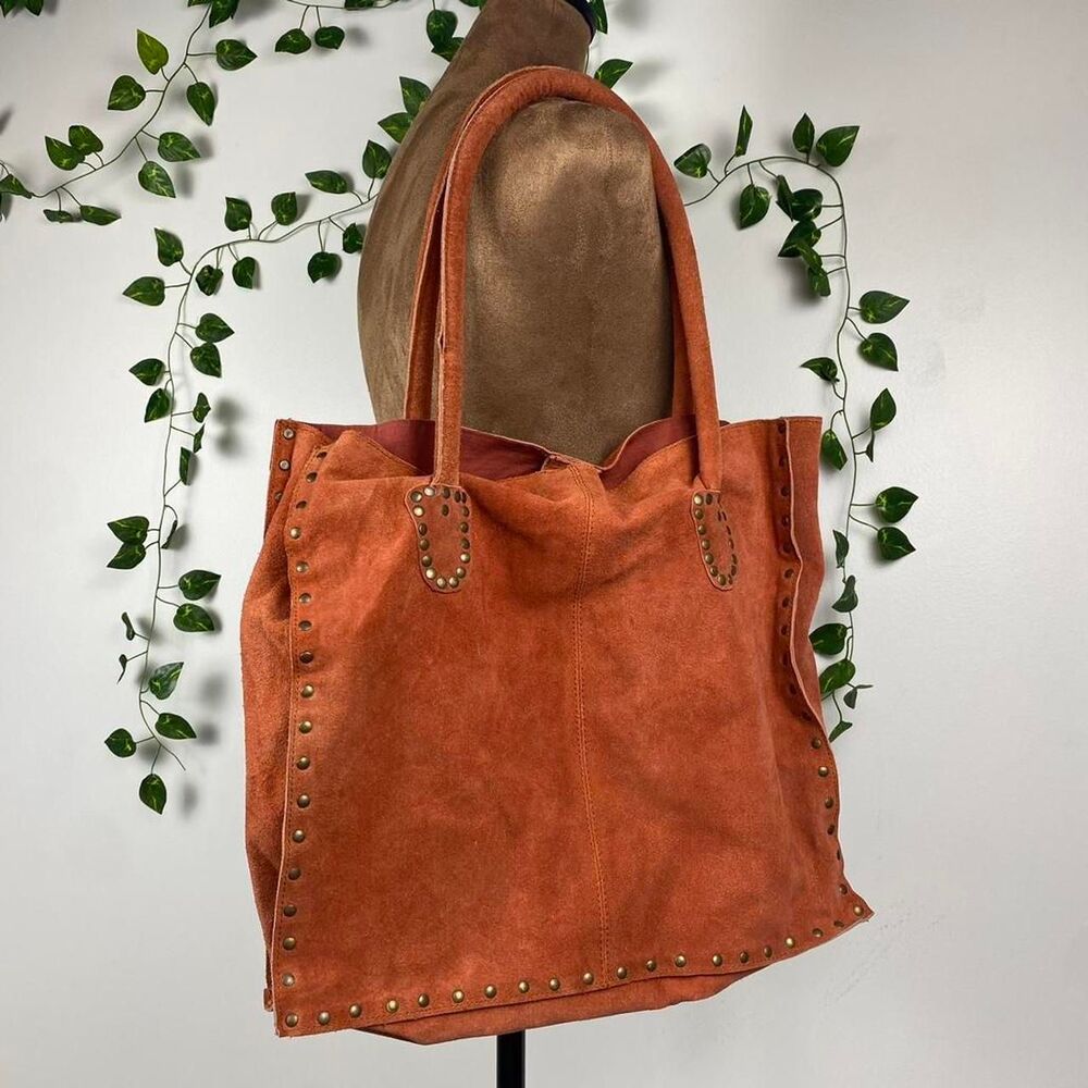 Genuine suede cow leather tote western brass studded faded boho bag